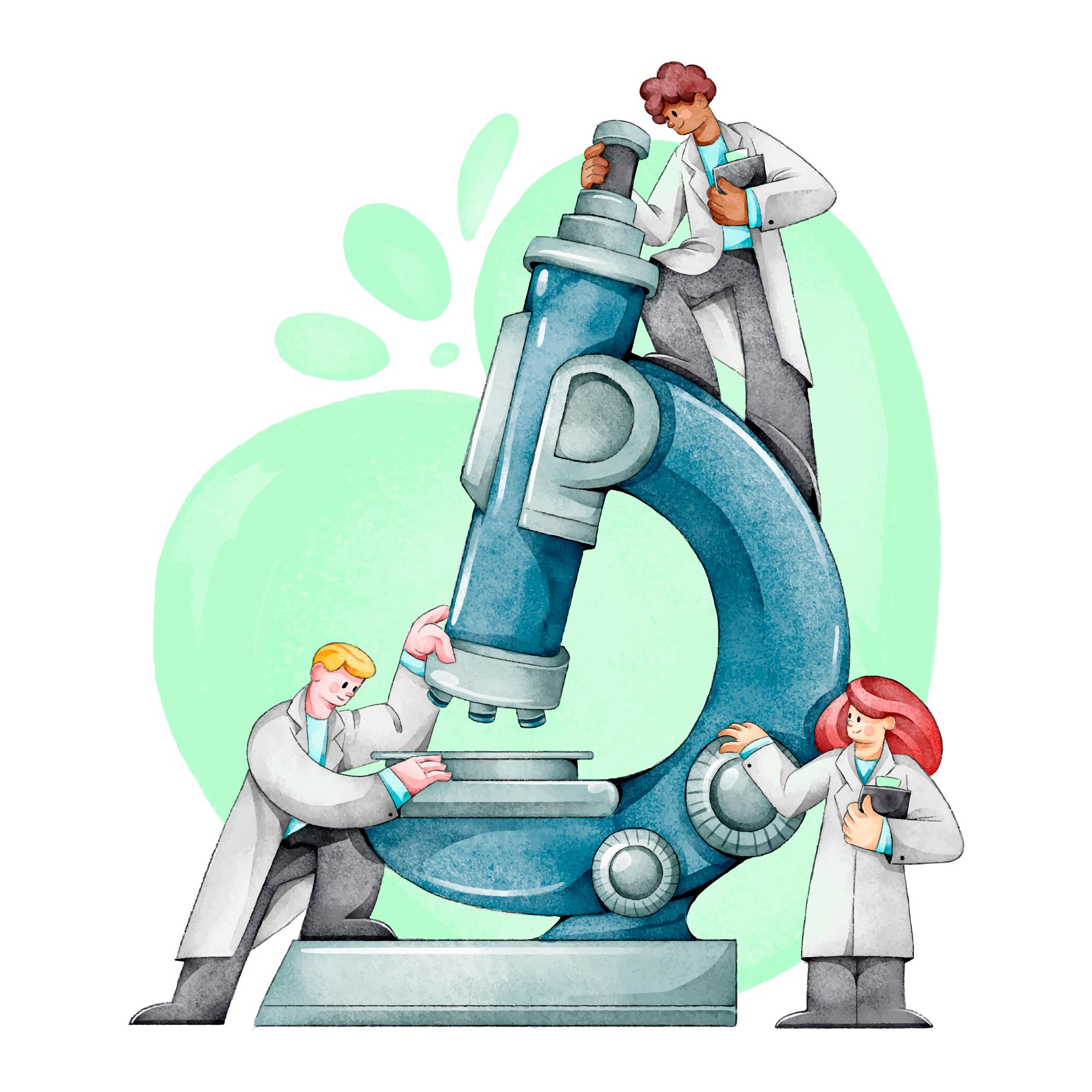 Ilustración científica de un microscopio gigante con tres científicos alrededor